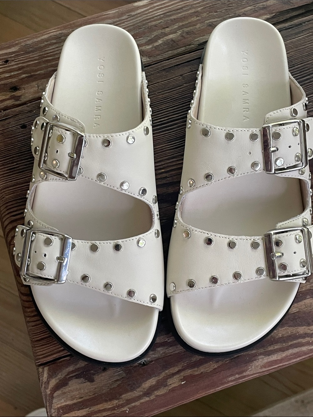 Yosi Samra off- White Studded Double-Buckle Slide Sandals. 10